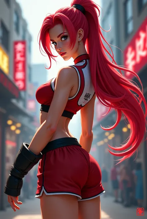 Create a highly detailed and realistic portrait of a female street fighter character with a strong martial arts aesthetic. She should have long, vibrant red hair styled in a dynamic, flowing manner, with a confident and determined expression. She is wearin...