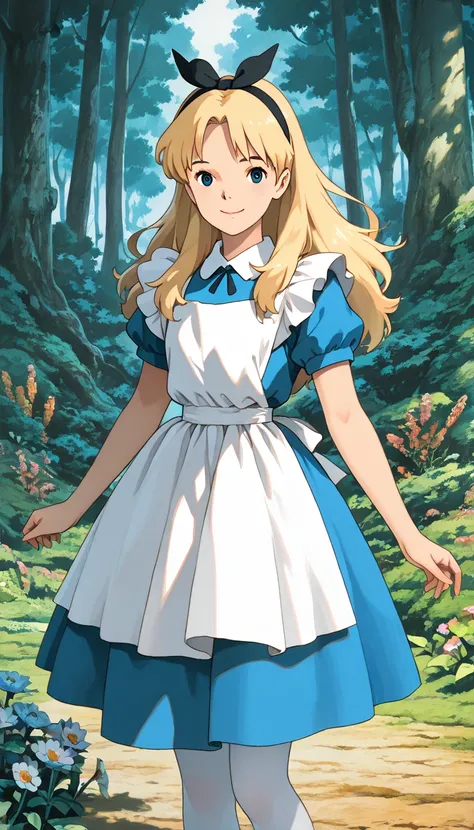 (1girl, Alice), (extremely detailed CG unit 8k wallpaper),(master part), (best quality), (ultra detail), (best illustration),(ghibli_style), cowboy shot, close up, standing, facing viewer, looking at viewer, perfect face, perfect eyes, perfect fingers, (Sh...