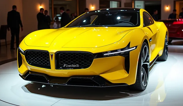 sides view of a painted yellow 2025 Pontiac Firebird in a bold, futuristic muscle car design with a detailed, modern grille and sharp LED headlights. Captured from a close front view, the vehicle’s aggressive stance and aerodynamic lines evoke classic Fire...