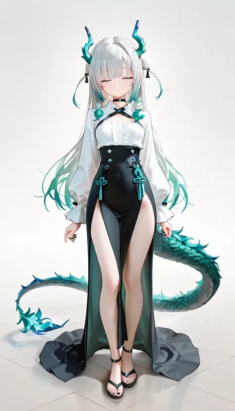 1girl, closed eyes, grey Hair, mint Gradient Hair, blunt bangs, dragon horns, dragon tails, small Breast, maid, high-waist, long Side slit skirt, Choker, bare legs, foot, toenails, black nails, masterpiece, best quality, Perfect details, perfect compositio...