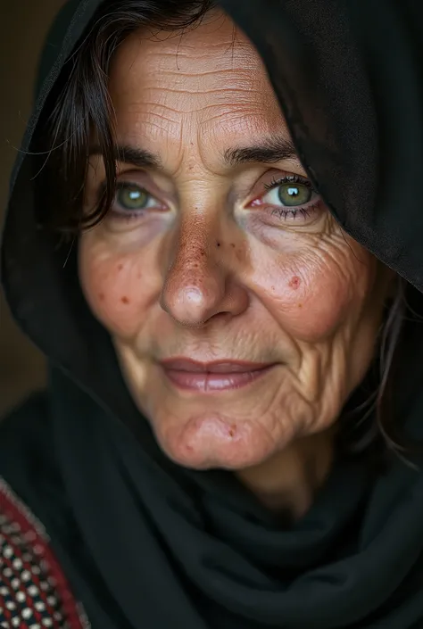 Afghan 65yo woman with green eyes. film grain dusty 3/4 candid paparazzi reporter photo. tilt angle. High quality photo. /[UHD, masterpiece, very detailed, sharp focus, ((skin marks, moles, smooth skin, Real pores, moles on skin, stretch marks, natural ski...