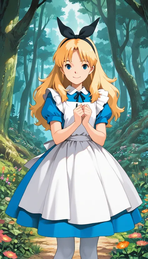 (1girl, Alice), (extremely detailed CG unit 8k wallpaper),(master part), (best quality), (ultra detail), (best illustration),(ghibli_style), cowboy shot, close up, standing, facing viewer, looking at viewer, perfect face, perfect eyes, perfect fingers, (Sh...