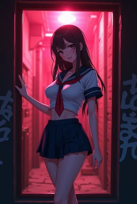 anime,night town,narrow street,dirty,solo asian girl,school uniform,big breast,big butt,very thick thigh,super-mini skirt,in the display window,pink light,brothel