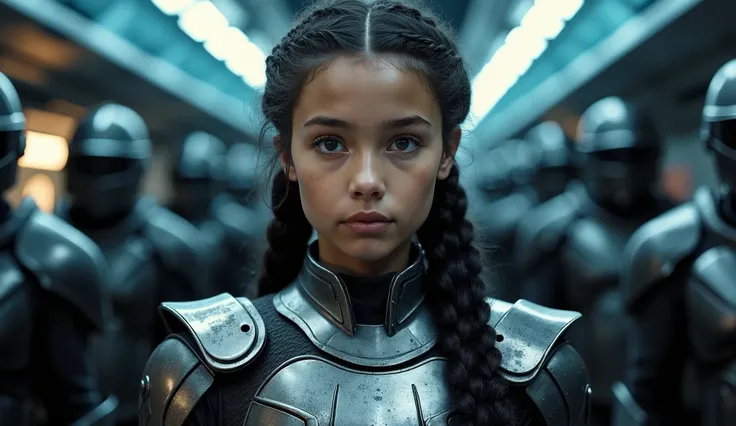 "A young female warrior with dark braided hair, wearing a futuristic metallic armored suit with intricate details. Her expression is confident and determined, with striking eyes and soft facial features. She stands in a high-tech sci-fi environment with gl...