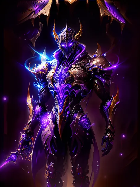 a picture of a man with a purple robe and a purple ball, purple glowing core in armor, league of legends character, nocturne from league of legends, trending on artstation.', league of legends arcane, splash art, aurelion sol, djinn man male demon, style o...