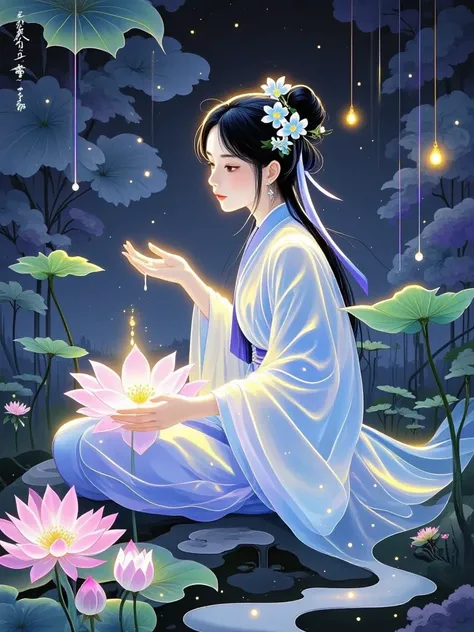  An illustrated scene full of dreamy colors and the charm of Oriental mythology。The picture shows a  in an ancient style Hanfu with light blue and light purple， She is sitting on a huge lotus flower ， Surrounded by lush lotus leaves and lotus leaves Decora...