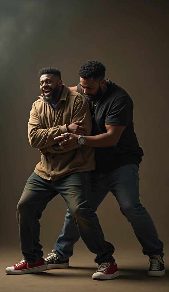 A young black man dressed as a rapper being stabbed by his friend, brownish gray background studio  