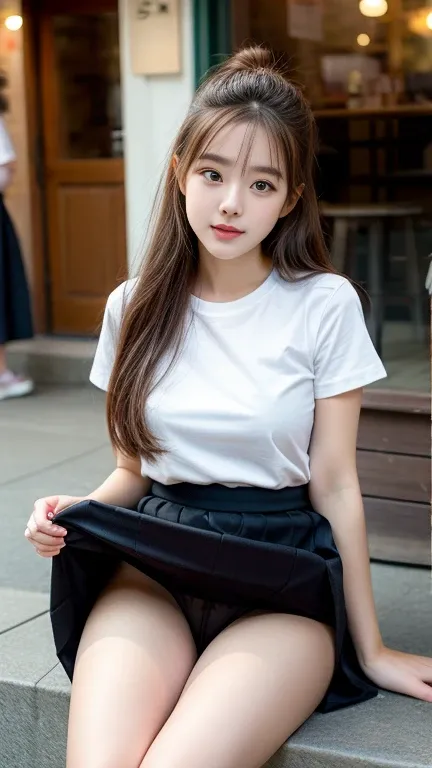 1girl,black skirt,skirt lift,outdoor,legs apart,detailed face,looking at viewer,sitting,pub ,[:(detailed face:1.2):0.2],ulzzang-6500, pureerosface_v1