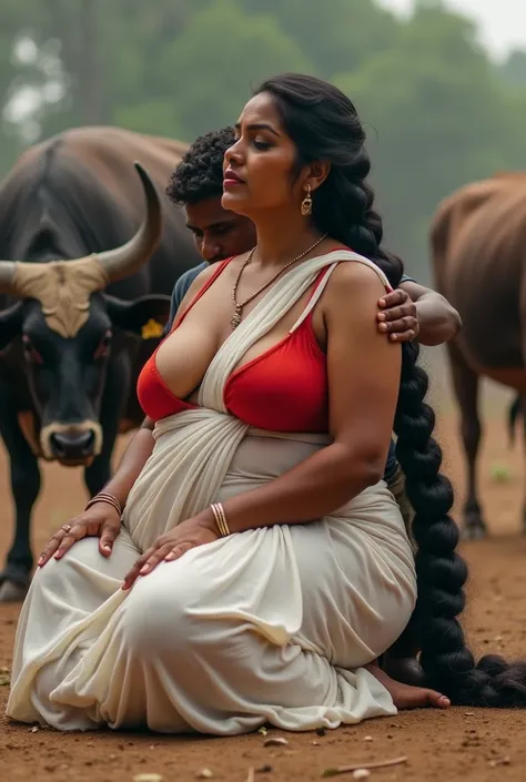 Side view, a tall 50 year old plus size chubby extremely hourglass figured giantess indian Telugu woman sitting on her knees, milking a buffalo, a young man sitting behind her hugged, in andhra pradesh village, side view, very big breasts, she is wearing b...