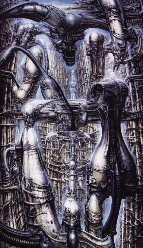 Please reproduce the original image as accurately as possible, capturing the intricate details of the biomechanical structures, the dramatic lighting, and the overall sense of unease. The final image should evoke the same sense of awe and dread as the orig...