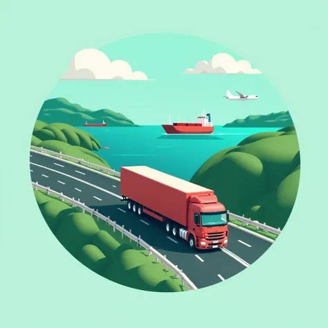 The background features a scenic coastal highway with a red truck on a road, a large cargo ship in the water, symbolizing coverage across rail, road, air, and sea. The color scheme is dominated by green and teal tones for a sleek and trustworthy look. 

