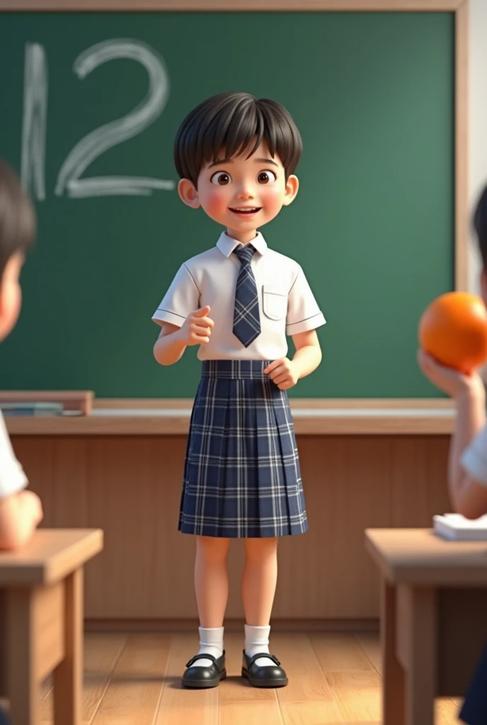 3D school boy in uniform ( White shirt; Navy blue white plaid shirt collar with small border Navy blue white plaid women&#39;s tie; knee length dress, navy blue white plaid dress; separate shirt and skirt;  wear white ankle socks; wear doll shoes). The boy...