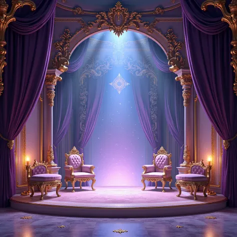  shining beautiful stage ((( there's no one))) Rococo style (((( chairs with tripods ))))  suspiciously beautiful 　 magical stage 　Purple and blue diamond dust pouring down　
