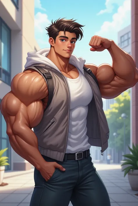 A modern guy, student high school, muscular, modern clothes, modern haircut, he flex one arm
Masterpiece, Best Quality, 