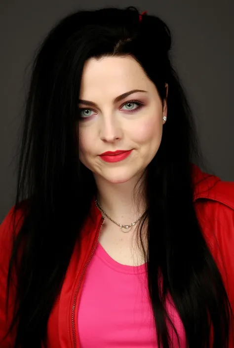 a_lee, amy lee, long black hair, red lips, beautiful detailed eyes, beautiful detailed lips, extremely detailed eyes and face, wearing red jacket, pink t-shirt, smile confidently, facing front, front view, close-up shot, photoshoot settings, photorealistic...