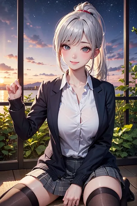 ( best quality),( Hi-Res),(8k),(inelity detailed background),( masterpiece :1.2), beautiful girl,Big Breasts,( glossy romance gray hair),long hair,ponytail,Beautiful grey eyes, winter schol uniform, (blazer, Cardigan), long sleeves, kneehighs, (zettairyoik...