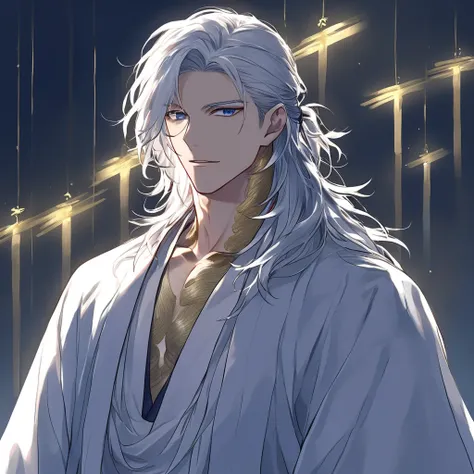 safe_pos, score_9,score_8_up,score_7_up,score_6_up, 1man, male focus, adult, solo, handsome, toned body, tall, sharp jawline, messy white hair with a short mullet, white ancient robe, hanbok with gold, (white scales on skin, blue eyes), dim lighting, detai...