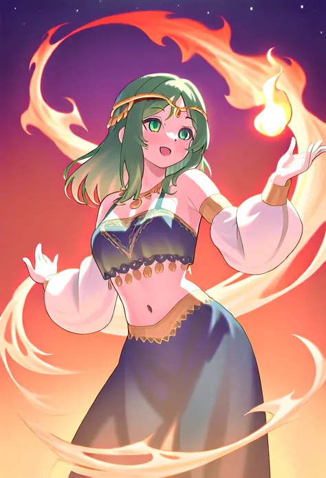 A dancer in traditional ethnic attire performs a lively dance around a bonfire, the intricate embroidery on their costume shimmering under the warm glow of the flames. The fire casts a cozy light, illuminating the grassy plains that stretch out into the ni...