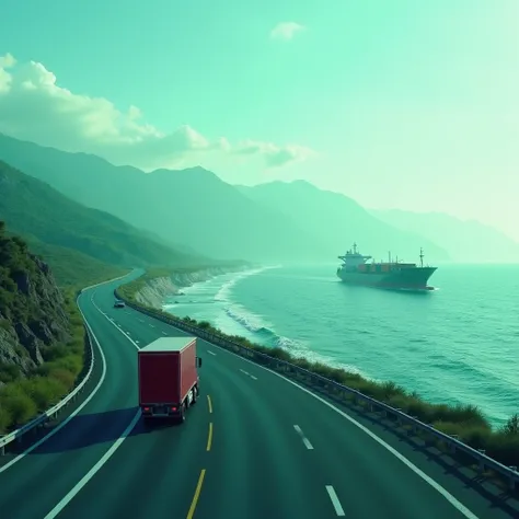 The background features a scenic coastal highway with a red truck on a road, a large cargo ship in the water, symbolizing coverage across rail, road, air, and sea. The color scheme is dominated by green and teal tones for a sleek and trustworthy look. the ...