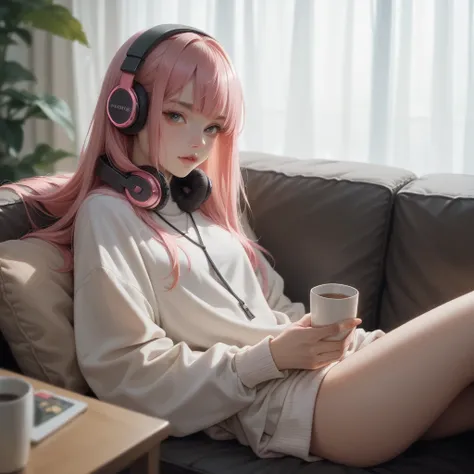 Japanese woman . Pink hair with bangs . Sofa. Headphones 