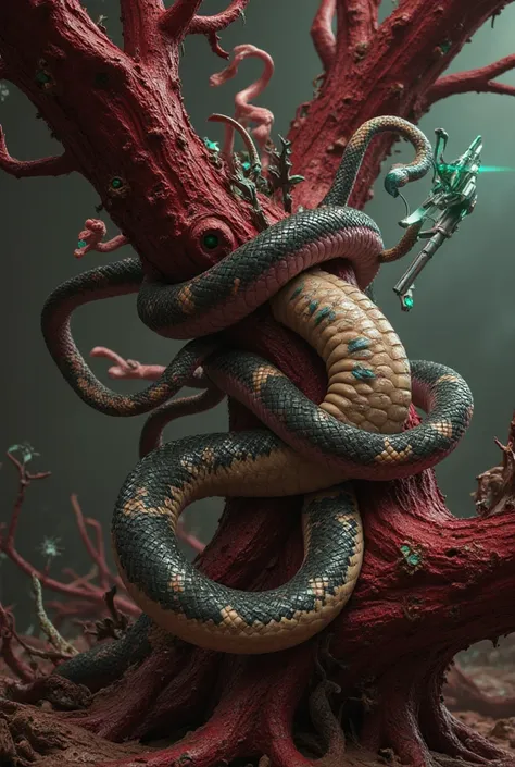 Serpent with snakes around the vine blood tree with mud gems ray gun 