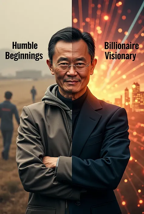 "A split-image thumbnail featuring Jack Ma. The left side showcases a nostalgic black-and-white hood photo of Jack Ma, highlighting his modest beginnings in rural China. The right side shows a vibrant, modern image of Jack Ma as a billionaire and global bu...