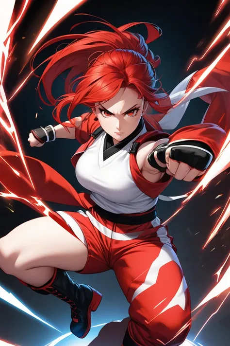 Create a highly detailed and realistic portrait of a female street fighter character with a strong martial arts aesthetic. She should have long, vibrant red hair styled in a dynamic, flowing manner, with a confident and determined expression. She is wearin...