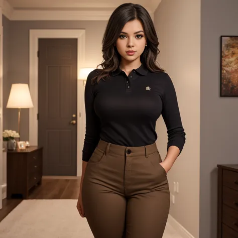 A timid short petite cute slightly chubby latina emo, short straight thick brown hair, beautiful detailed brown eyes, cutely detailed lips, cute highly detailed eyes and face, voluptuous breasts, thin thighs, long sleeve plain polo tucked in black pants, f...