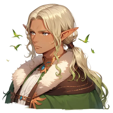 1man. Handsome. Male elf. Dark skin. Green-Blonde hair. long hair tied in a ponytail. Elf ears. Royal attire. mysterious expression. Silver eyes. curly hair. looking forward. Forest background.