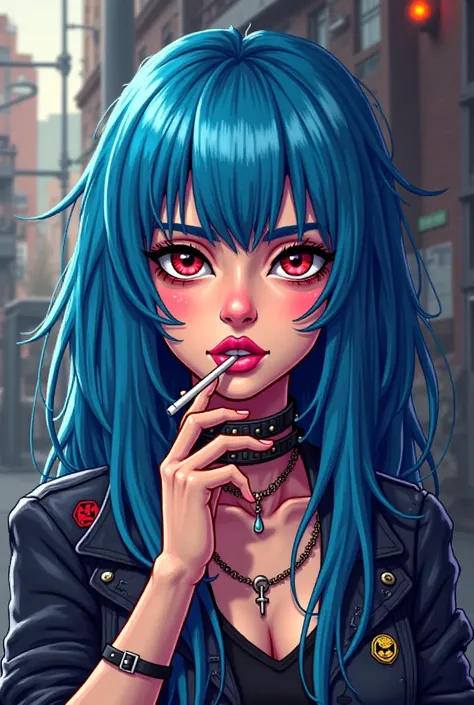 pixel art alternative girl with long blue hair smoking a joint