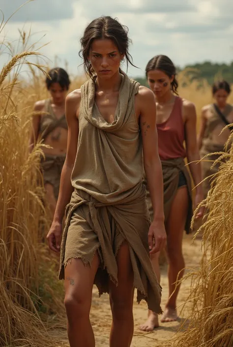  A few barefoot ragged women and girls, female field workers, who looked like hackneyed mares, whipped with deep scars on their bodies , everyone scars in ancient Rome , sheaves of wheat leaning,  sleeveless tunic ,  tattered baggy barely covering the butt...