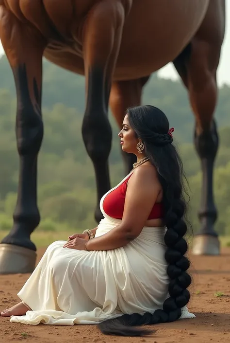 Side view, a tall 50 year old plus size chubby extremely hourglass figured giantess indian Telugu woman sitting under a giant horse, side view, very big breasts, she is wearing body tight transparent white colour saree, saree removed from chest, deep neck ...