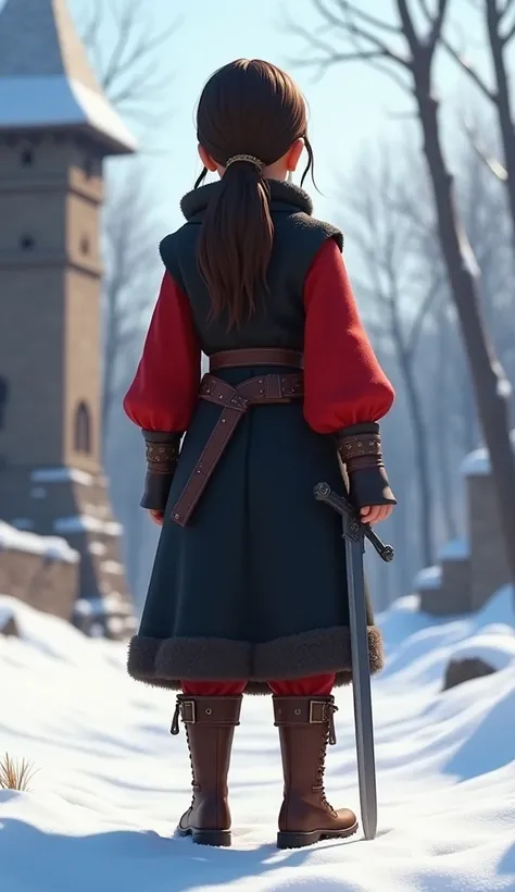   Middle Ages , Winter outdoor ，Cold weather， with your back to the camera， Design a 3D animated character back of a heroic and adventurous girl.   Her costume consists of a smooth black tunic with red sleeves  ,   in stark contrast to his own look . She w...