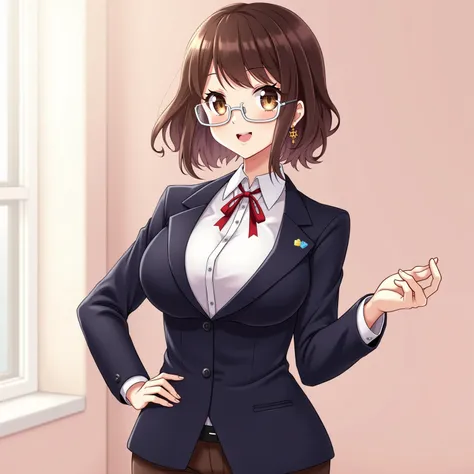 A stunning anime-style female teacher with a curvy hourglass figure, a large chest, and noticeable cleavage. She has short, wavy dark brown hair that reaches just above her shoulders, with a few loose strands elegantly framing her soft, fair-skinned face. ...