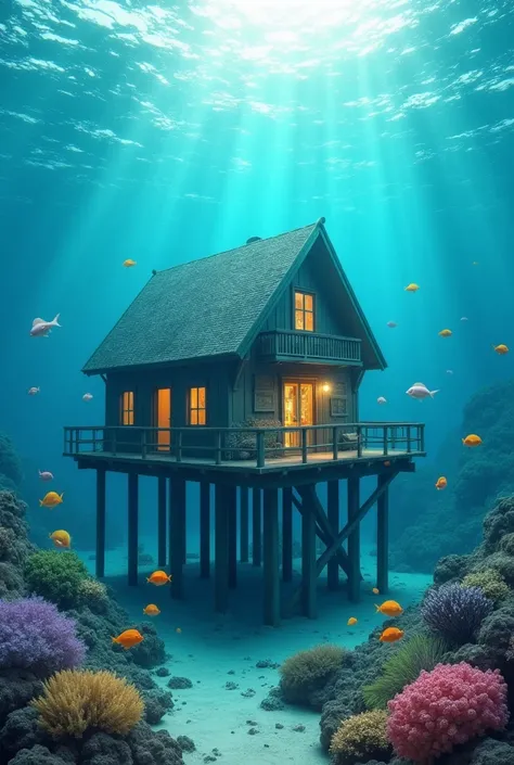 Une maison sous l'océan, construite sur des pilotis en bois. L'eau est claire, et des poissons colorés nagent autour. En format paysage et la maison proche du sol avec beaucoup de poisson 