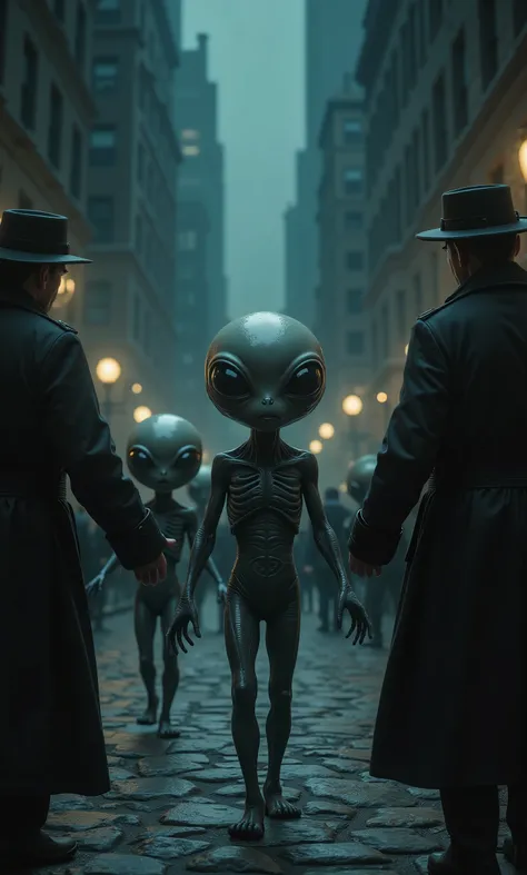  aliens captured 、 their hands are drawn from both sides by two men wearing trench coats and hats、 aliens have big, shiny black eyes 、 aliens have gray skin and big heads 、The city of New York at night 、 walk on a cobblestone path