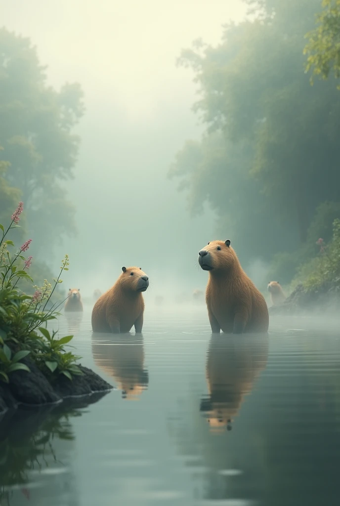 Capybaras in a foggy pond