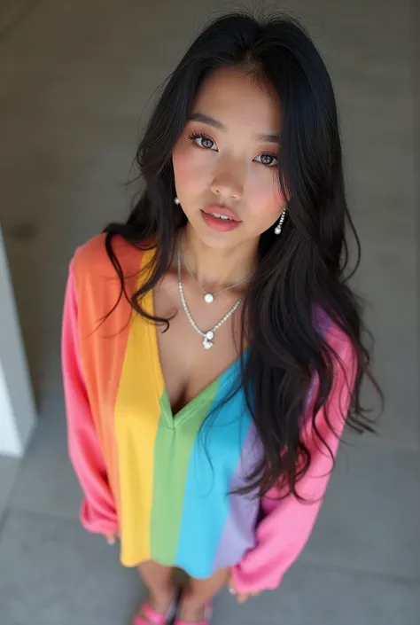 Wear rainbow-colored clothes 、 long black hair , long eyelashes, Dimples, Perfect juicy lips ,   necklace on a thick chain ,  earrings,  diamond ring ,  are standing,   The photo was taken from above  , whole bodyが見える, beautiful brown eyes,  cute expressio...