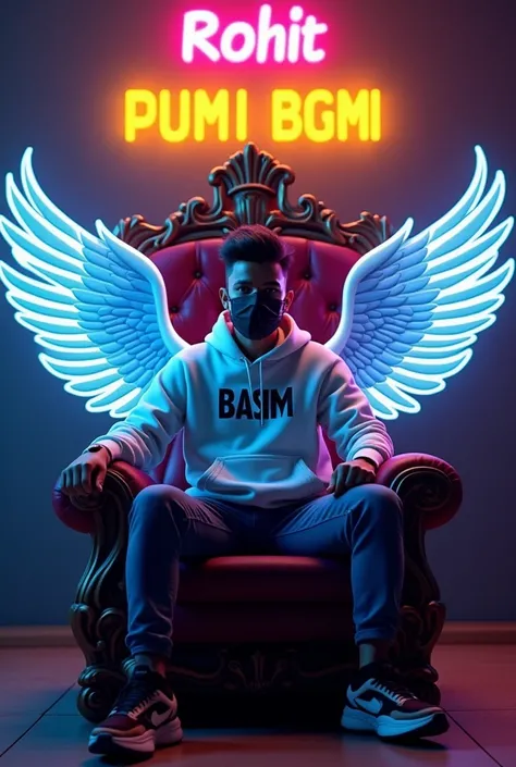 A 20-year-old sits majestically on a throne, exuding regal confidence. Adorning his back are magnificent neon wings, casting a vibrant glow against the dimly lit background. Above the wings, on the wall, the name “Rohit” gleams in neon hues, while below it...