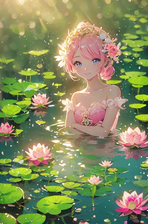 Pink lotus flower, Lotus flower crown on head ,  round lotus spirit ,  Round Eyes,  lotus leaves and pond with floating flowers