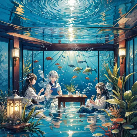  abstract background,( illustration:1), Masterpiece, highest quality, 精巧な顔と目 , in the seat, Physics of Hair Underwater ,Air bubbles, Light Transmitted Through Water , reflections ,Lying on Water ,Separate the water layer,School of fish, beauty,