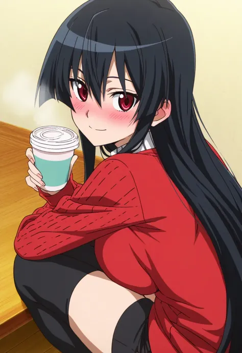 masterpiece, best quality, very aesthetic, anime screencap,1girl, solo, large breasts, blushing, looking at viewer,looking back,smile,akame, long hair, black hair, red eyes, hair between eyes,in a knitted sweater, shorts, and knee-high socks, holding a war...