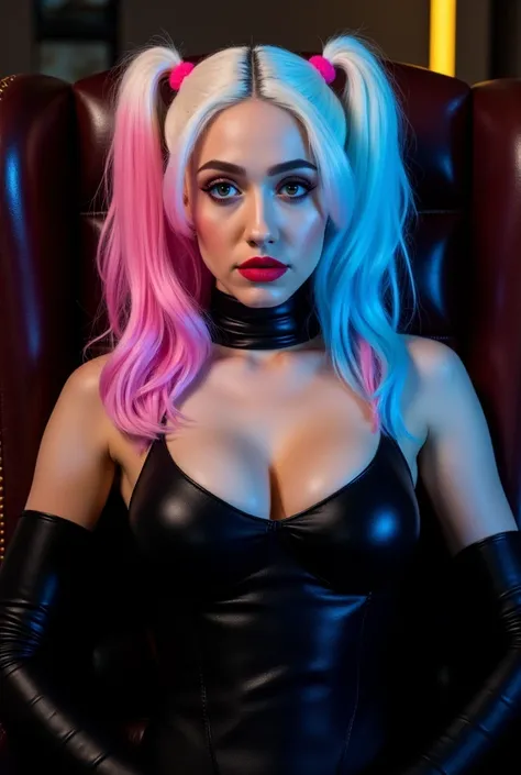 Highly detailed photograph, hyperrealistic photography, 27 year old Emmy (white hair, pink and blue pigtail)wearing black leather bodysuit, blue eyes,sat in a high back leather chair