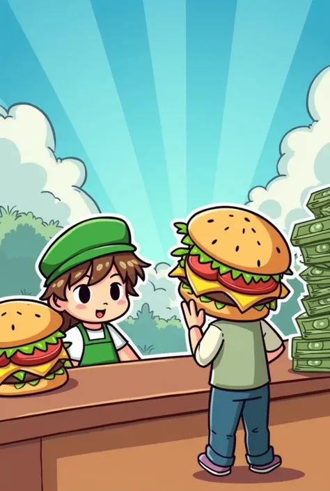 "A playful scene featuring a stylized character in a green hat and apron, serving large sandwiches at a counter. The character is behind a counter with another figure standing in front of them, seemingly ordering food. In the background, stacks of cartooni...