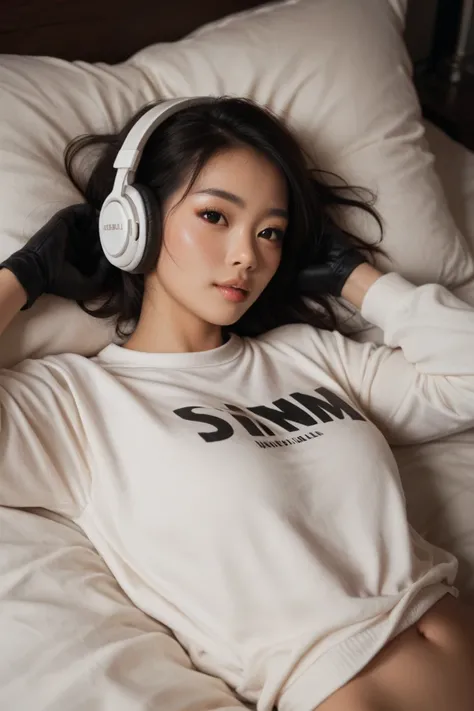 A girl with Asian features with dark eyes and dark hair lying in her bed wearing white headphones and a loose white sweatshirt that has an emblem on her torso with the phrase "when you call me" Wearing black gloves Song cover, dim lighting