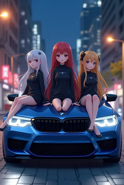 Three 3D anime girls sit on the hood blue BMW m5 f90 competition dark blue BMW against the background of the city at night on the street 4K photo The first girl should stand in the middle in a sexy position with white silver hair in a black miniskirt and a...