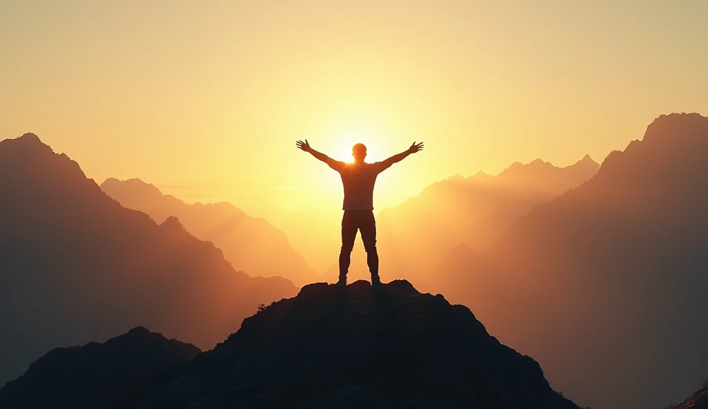 A silhouette of a person standing on top of a mountain at dawn ,  with open arms and a bright light emerging from the horizon, symbolizing the power of the mind to create reality .