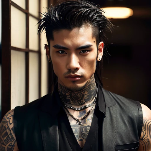 1 man, Japanese man, male, Asian eyes, muscular, broad shoulders, yakuza tattoos, hairstyle Visual Kei style, hair Visual Kei, black men's shirt and black pants, ultra detailed face and eyes, hyperrealistic, realistic representation, long hair, long hair, ...