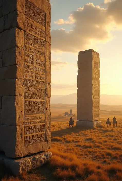 
A historical poster featuring the ancient Orkhon Inscriptions, engraved on towering stone monuments in the Mongolian steppe, bathed in the golden light of dawn. The inscriptions, written in the Old Turkic script, are prominently displayed, with intricate ...