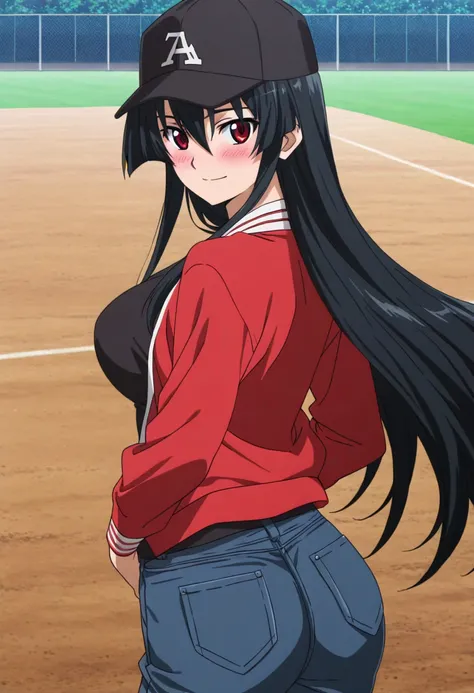 masterpiece, best quality, very aesthetic, anime screencap,1girl, solo, large breasts, blushing, looking at viewer,looking back,smile,akame, long hair, black hair, red eyes, hair between eyes,wearing a baseball jacket, jeans, and a baseball cap, anime styl...